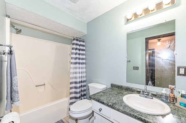 full bathroom with toilet, shower / tub combo, vanity, a textured ceiling, and tile patterned floors