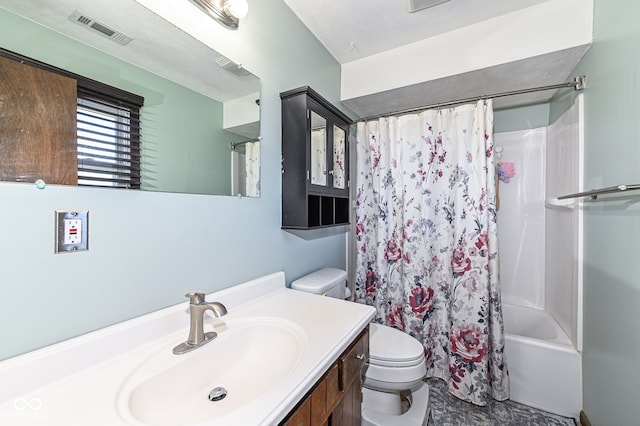 bathroom featuring toilet, shower / bath combo, visible vents, and vanity