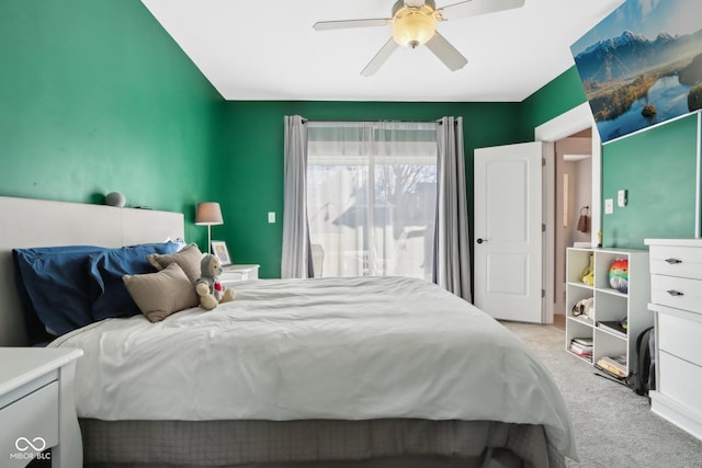 1413 S E St, Indianapolis, IN 46225 - bedroom featuring light carpet, access to exterior, and a ceiling fan