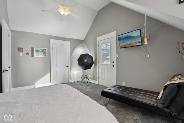 1413 S E St, Indianapolis, IN 46225 - bedroom featuring baseboards, carpet, ceiling fan, and vaulted ceiling
