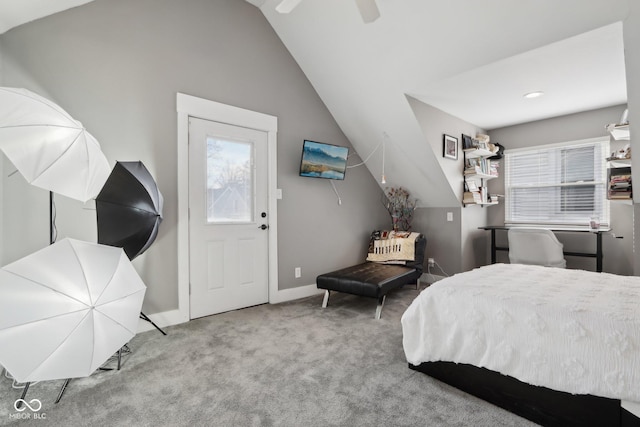 1413 S E St, Indianapolis, IN 46225 - bedroom with multiple windows, ceiling fan, lofted ceiling, and carpet floors