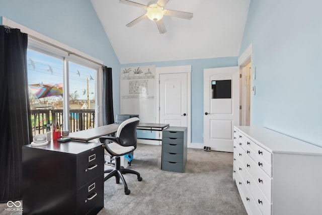 1413 S E St, Indianapolis, IN 46225 - office area with lofted ceiling, light carpet, and a ceiling fan