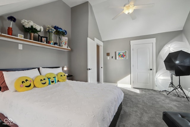 1413 S E St, Indianapolis, IN 46225 - carpeted bedroom with baseboards, a ceiling fan, and vaulted ceiling