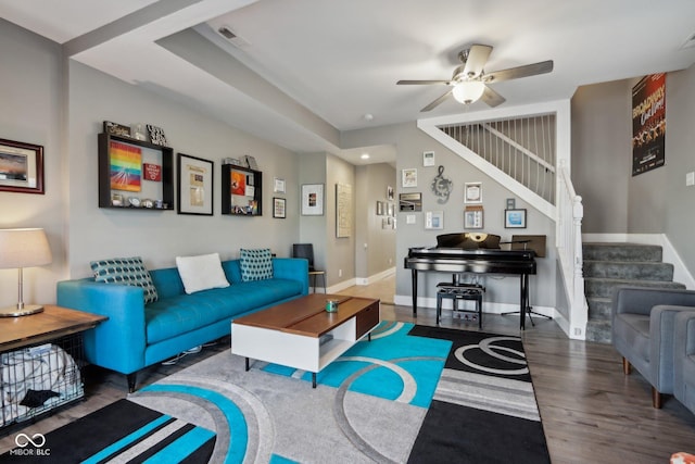 1413 S E St, Indianapolis, IN 46225 - living area with baseboards, a ceiling fan, wood finished floors, and stairs
