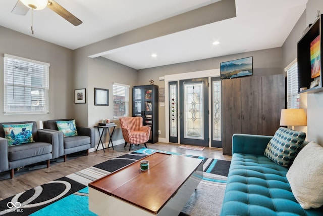 1413 S E St, Indianapolis, IN 46225 - living room with recessed lighting, a ceiling fan, baseboards, and wood finished floors