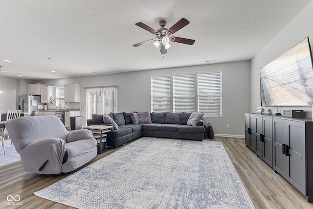 living area with a ceiling fan, a wealth of natural light, a textured ceiling, and light wood finished floors