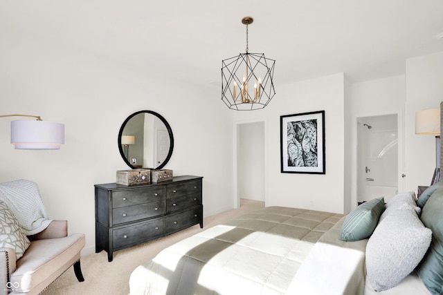 bedroom featuring light colored carpet and a notable chandelier