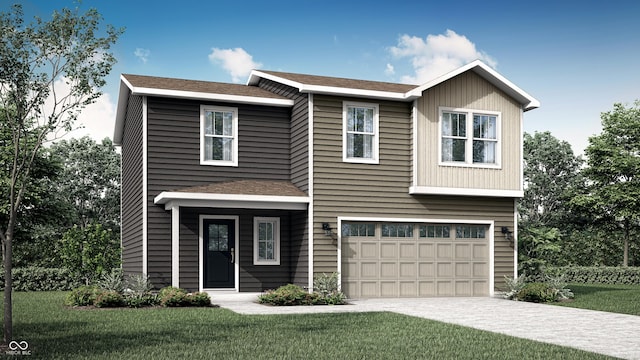 view of front of home with driveway, a garage, and a front yard