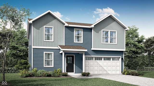 view of front of property with a garage, driveway, and roof with shingles