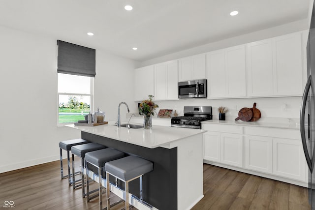 kitchen featuring stainless steel appliances, a sink, a kitchen island with sink, and white cabinetry