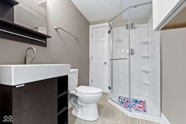 bathroom with visible vents, a stall shower, toilet, and vanity