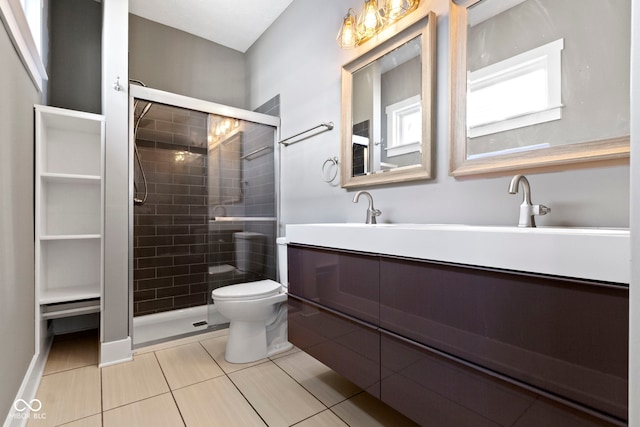 bathroom with vanity, a shower stall, toilet, and tile patterned flooring