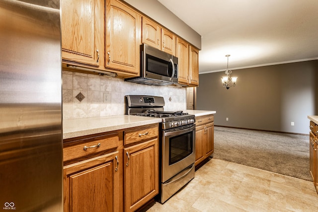 kitchen with stainless steel appliances, light colored carpet, backsplash, ornamental molding, and baseboards