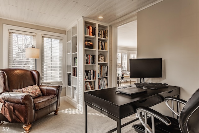 office space featuring ornamental molding, carpet, and wooden ceiling