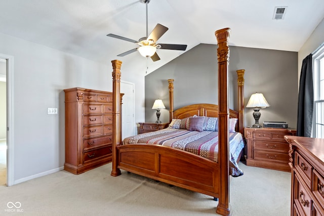 bedroom with lofted ceiling, visible vents, a ceiling fan, light carpet, and baseboards