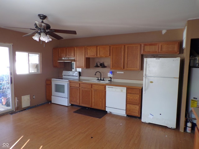 kitchen with white appliances, light wood finished floors, a sink, light countertops, and under cabinet range hood