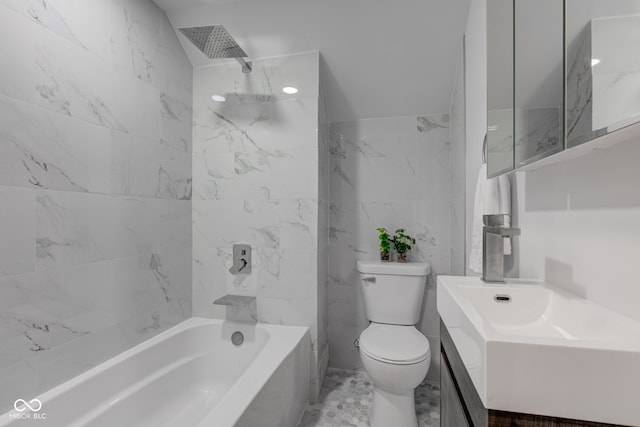 full bath featuring toilet, marble finish floor, tub / shower combination, and vanity