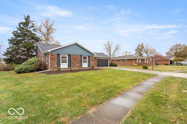 ranch-style house with driveway, an attached garage, a front lawn, and brick siding