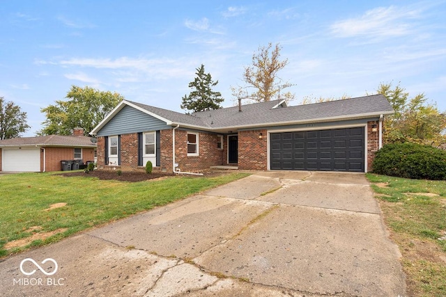 single story home with driveway, a shingled roof, an attached garage, a front lawn, and brick siding