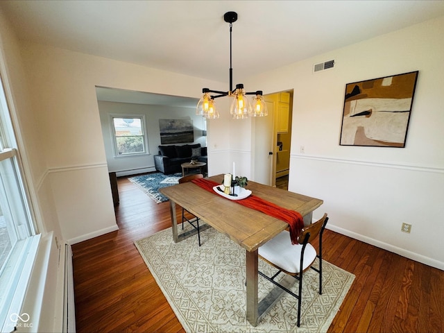 dining room featuring baseboards, a baseboard radiator, visible vents, and dark wood-type flooring