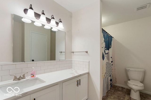 bathroom with visible vents, backsplash, toilet, vanity, and a shower with curtain