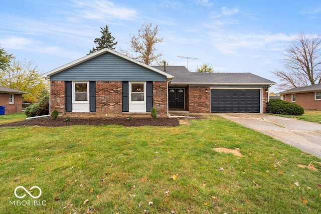 ranch-style home featuring brick siding, a front lawn, and an attached garage