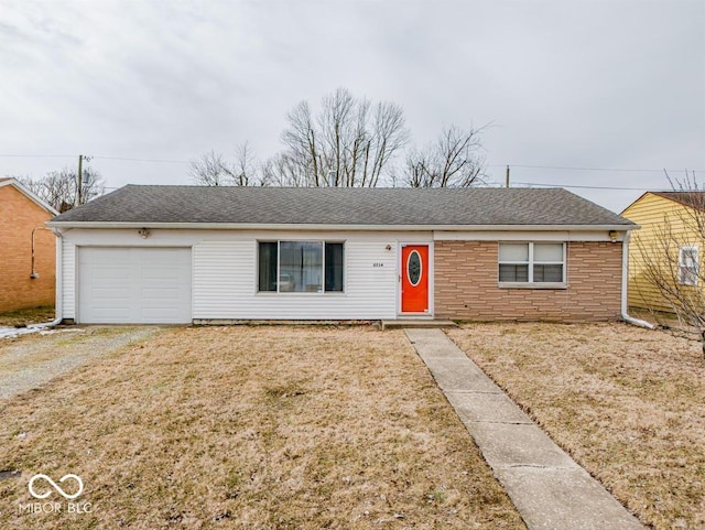 single story home featuring a garage, stone siding, roof with shingles, and a front yard