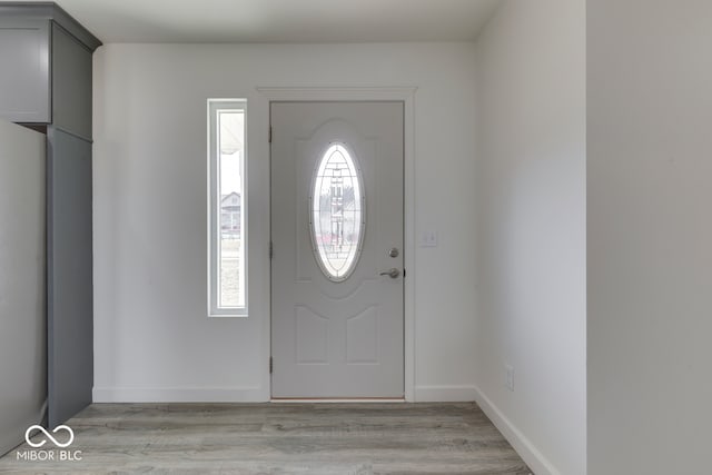 entryway with light wood-style flooring, a wealth of natural light, and baseboards