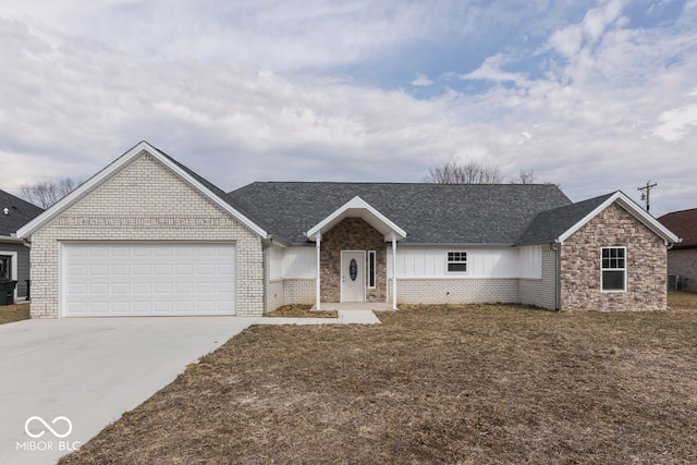 ranch-style house featuring an attached garage, board and batten siding, concrete driveway, and brick siding