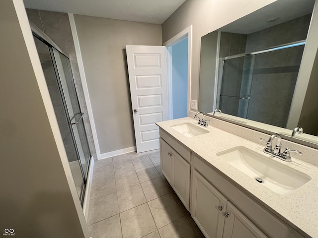 full bath featuring a stall shower, tile patterned floors, a sink, and double vanity