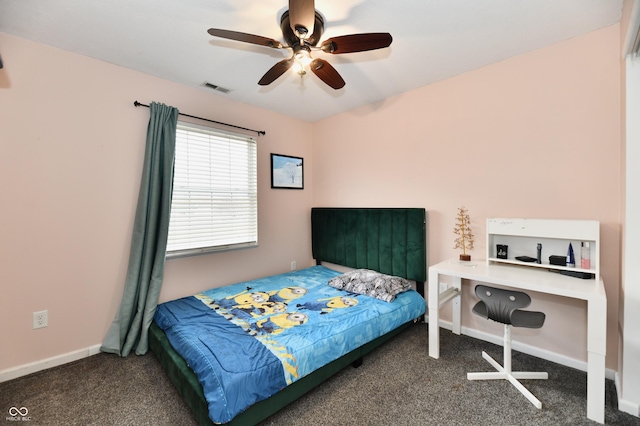 bedroom with ceiling fan, carpet flooring, visible vents, and baseboards