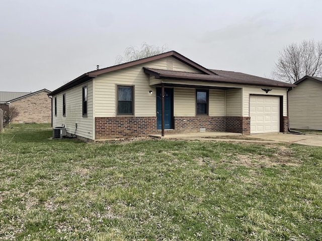 view of front facade with a garage, brick siding, central AC unit, and driveway