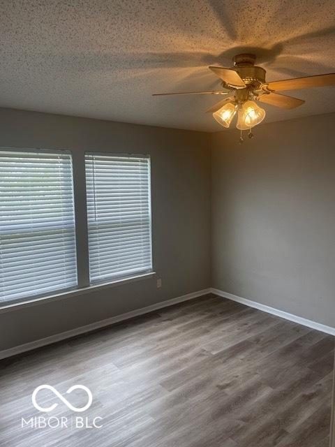 8249 Retreat Ln, Indianapolis, IN 46259 - empty room with a ceiling fan, wood finished floors, a textured ceiling, plenty of natural light, and baseboards