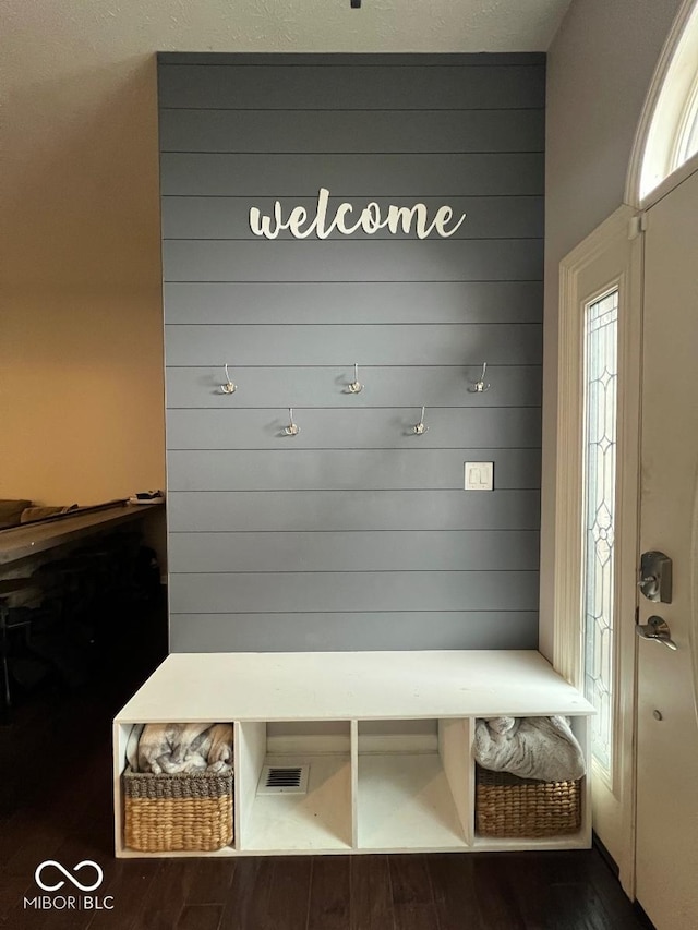 mudroom with wooden walls and dark wood-style flooring