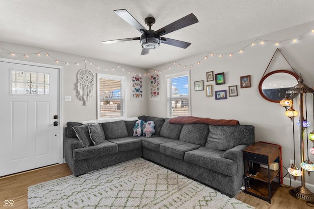 living area with a textured ceiling, ceiling fan, and wood finished floors