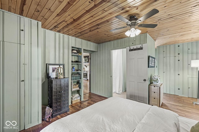 bedroom with a ceiling fan, wood ceiling, and wood finished floors