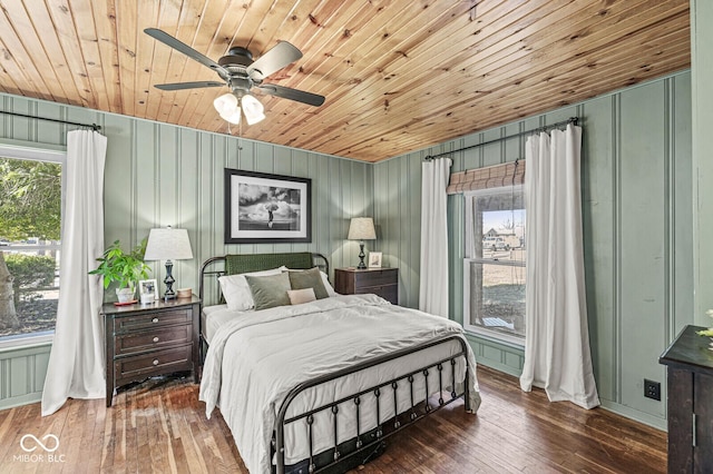 bedroom with hardwood / wood-style floors, wood ceiling, and a ceiling fan