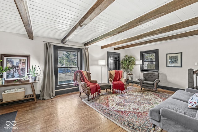 living area with wood ceiling, wood finished floors, and beamed ceiling