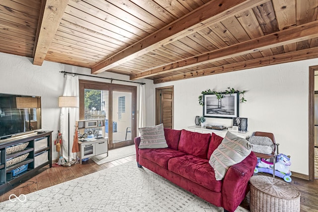 living room featuring wood ceiling, beam ceiling, baseboards, and hardwood / wood-style flooring