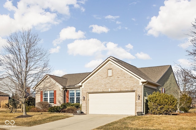 view of front of house with a garage, concrete driveway, and brick siding