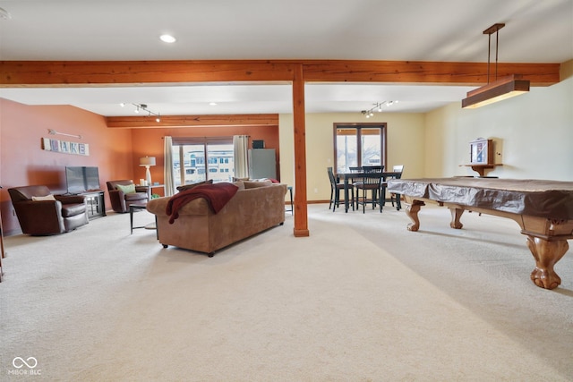 living room with carpet floors, beam ceiling, recessed lighting, pool table, and rail lighting