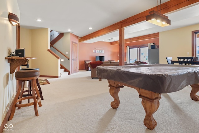 rec room with carpet, beam ceiling, recessed lighting, billiards, and baseboards