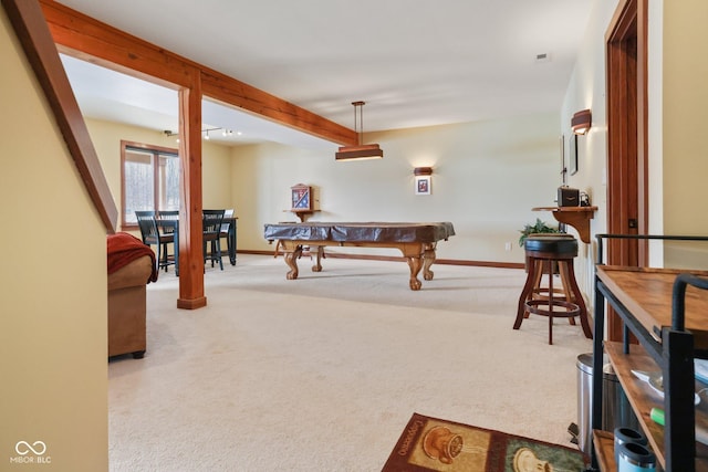 playroom featuring pool table, carpet flooring, beam ceiling, and baseboards