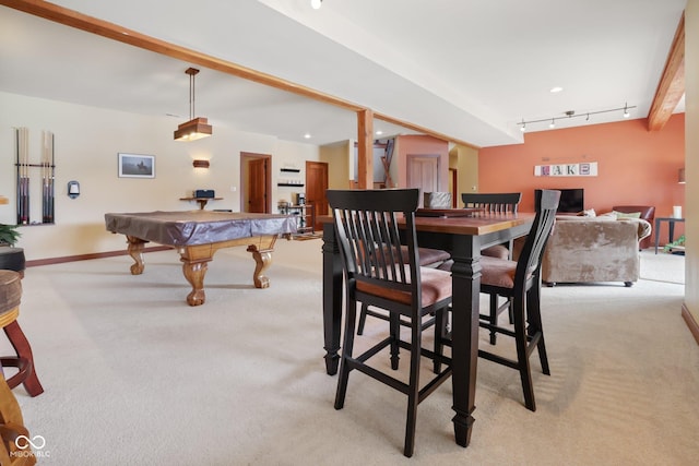 dining area with light carpet, pool table, baseboards, and track lighting