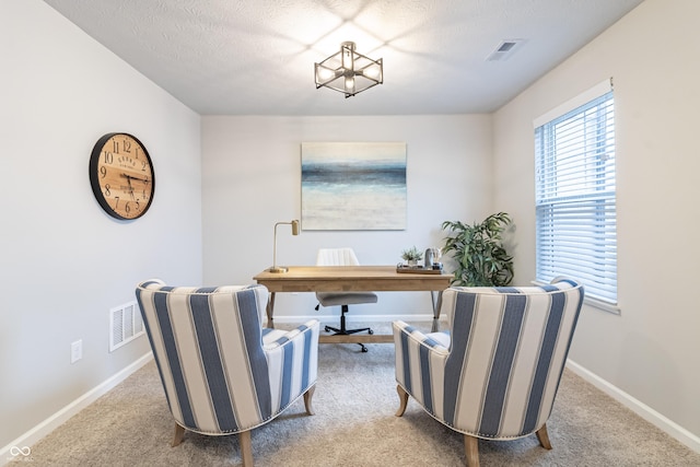 carpeted home office featuring visible vents, a textured ceiling, and baseboards