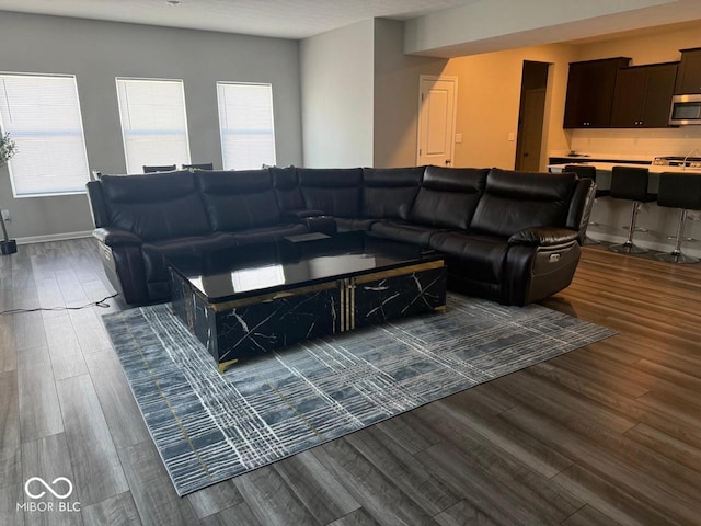 living room featuring baseboards and dark wood-style flooring