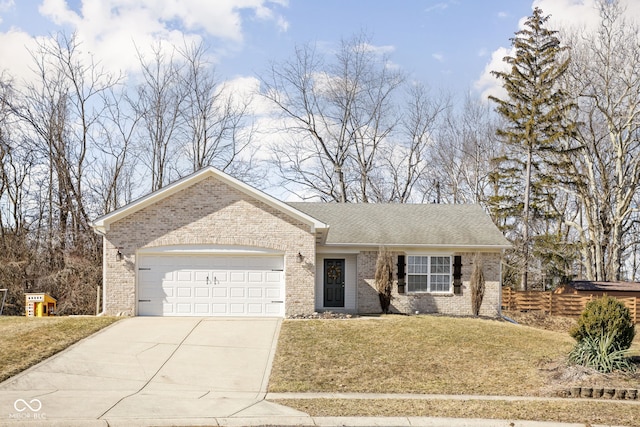 ranch-style home with a garage, brick siding, concrete driveway, roof with shingles, and a front yard