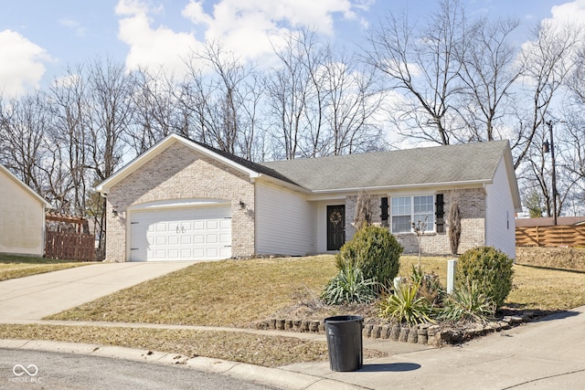 ranch-style house featuring driveway, brick siding, an attached garage, and fence