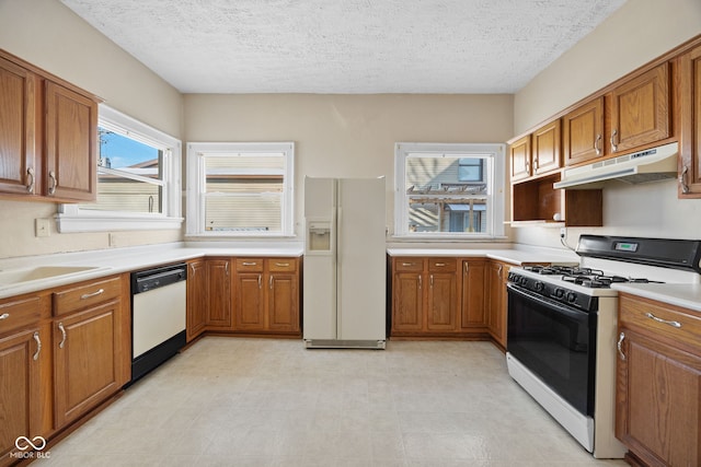 kitchen with under cabinet range hood, white appliances, light countertops, and brown cabinetry