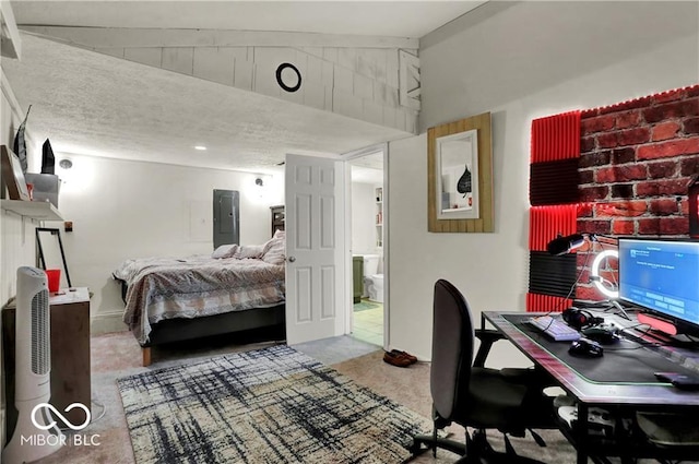 carpeted bedroom with electric panel and vaulted ceiling